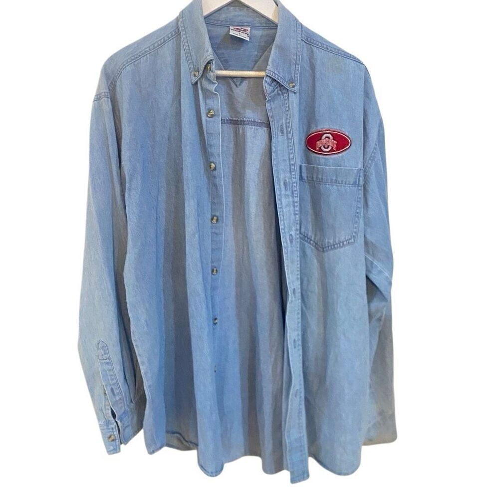 Vintage True Fan 90s NCAA Ohio State Buckeyes Long-Sleeve Denim Button Down; lar